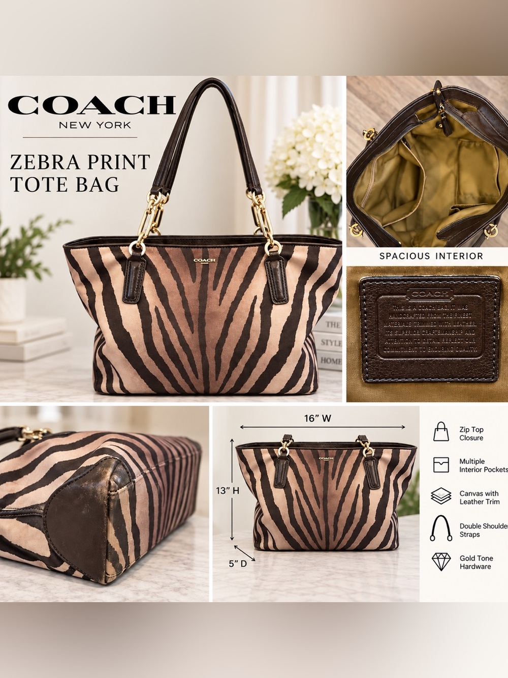 Coach Zebra-Print Tote Bag - Brown/Black